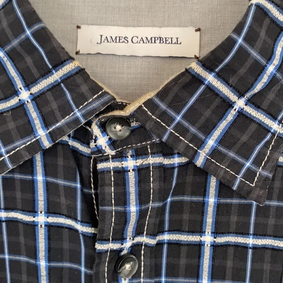 James Campbell plaid button down shirt size XXL casual black white and blue - Picture 3 of 4